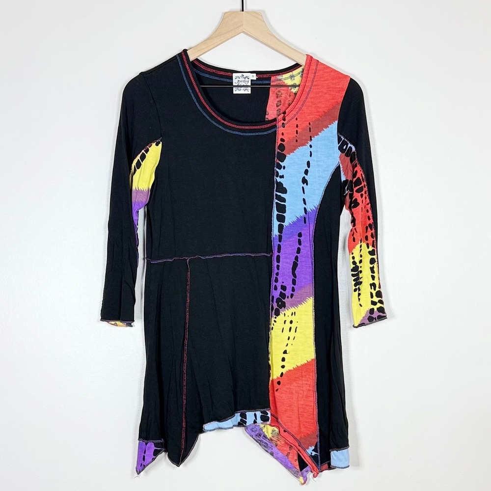 Parsley & Sage Womens Tunic Top Size S Black Patchwork Sharkbite Hem Lagenlook